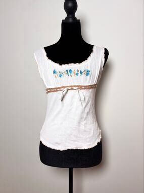 Vtg Y2K Excepsion Shirred Milkmaid Boho Top  Brown Crochet Waist Detail Size S